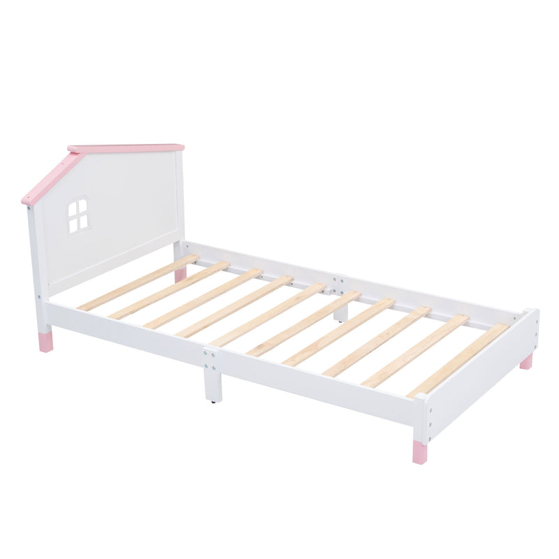 Twin Size Wood Platform Bed with House-shaped Headboard  (White+Pink)