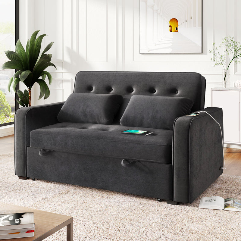 Upholstered Sleeper Bed, Pull Out Sofa Bed Couch Attached Two Throw Pillows, Dual USB Charging Port And Adjustable Backrest For Living Room Space