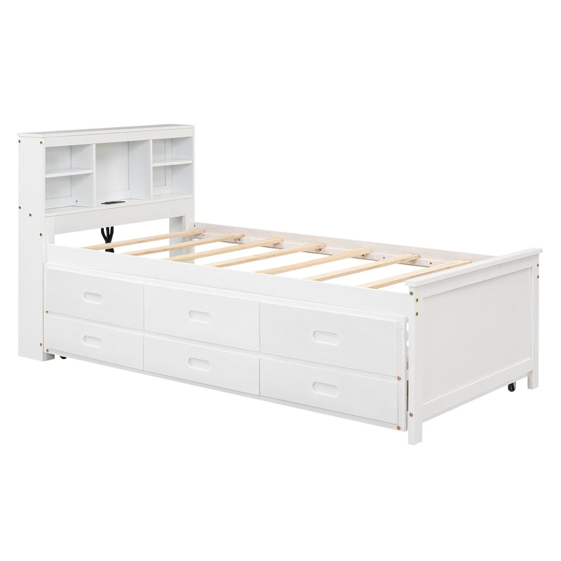 Twin Size Platform Bed with Storage Headboard, USB, Twin Size Trundle and 3 Drawers, White