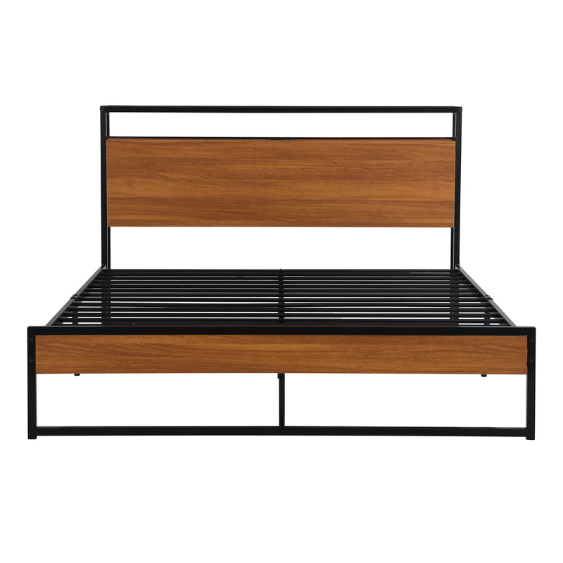 Queen Size Metal Platform Bed Frame with Sockets, USB Ports and Slat Support ,No Box Spring Needed Black