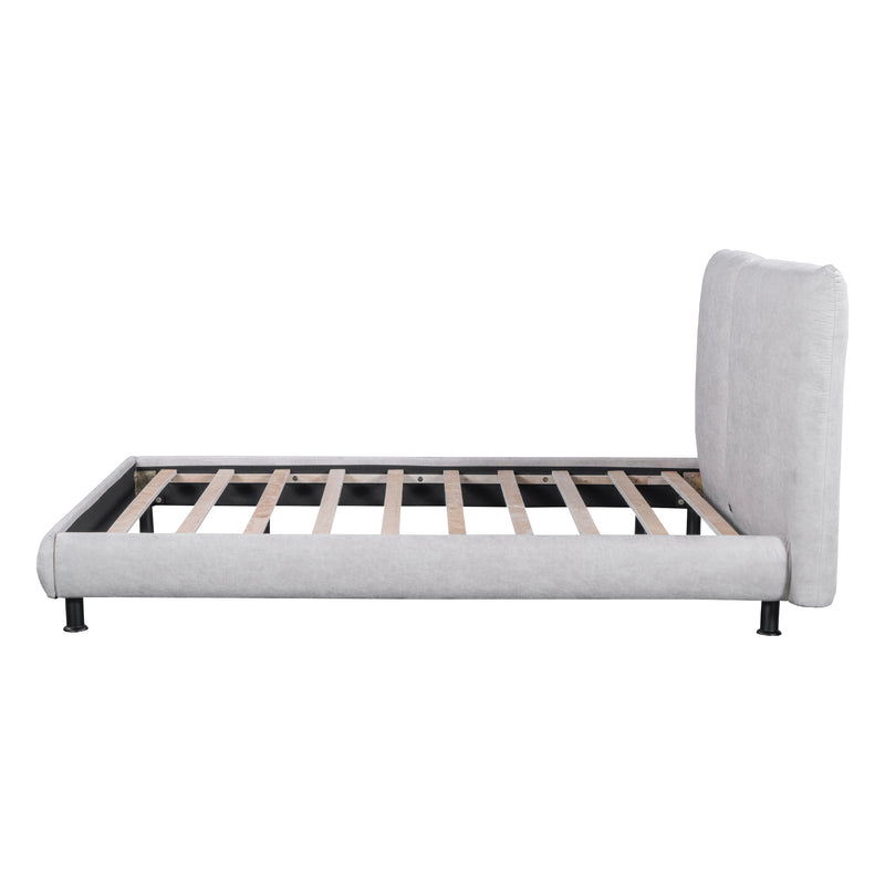 Queen Size Upholstered Platform Bed with Two Large Headrests and Thick Fabric, Polyester, Beige