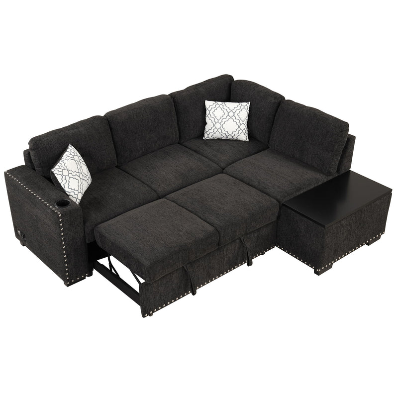 Sectional Pull-Out Sofa Bed L-Shaped Corner Sofa Couch With Storage Chaise, USB Ports, Power Sockets, Cup Holder For Living Room, Bedroom, Study