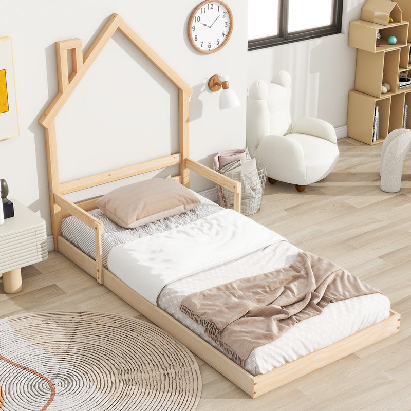 Twin House-Shaped Headboard Floor Bed with Handrails ,slats ,Natural