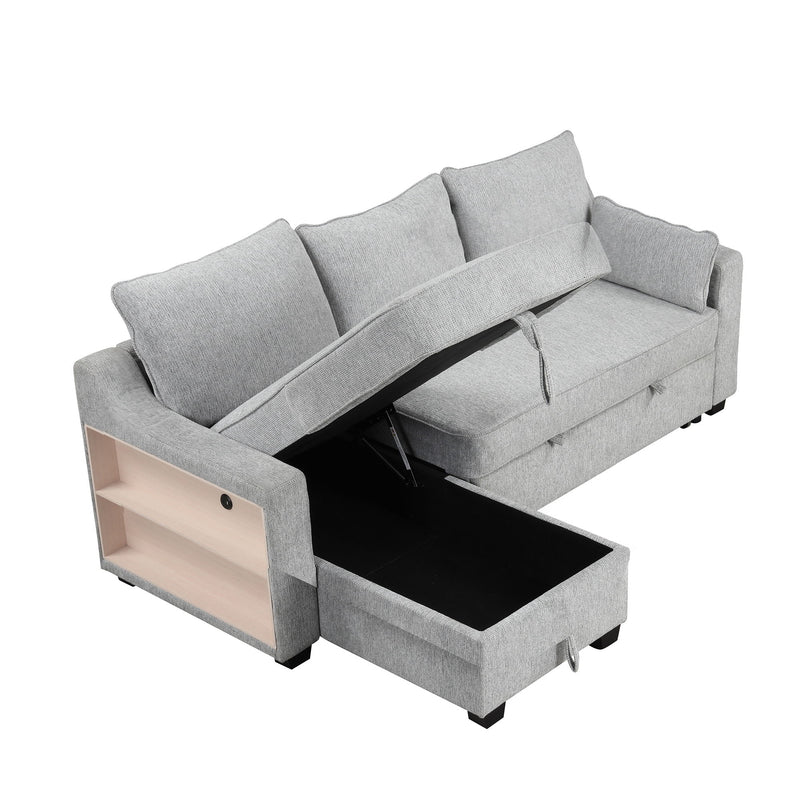 Pull Out Sleeper Sofa L-Shaped Couch Convertible Sofa Bed With Storage Chaise, Storage Racks And USB Ports