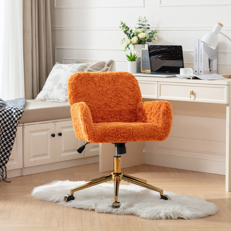 Office Chair, Artificial Rabbit Hair Home Office Chair With Golden Metal Base, Adjustable Desk Chair Swivel Office Chair, Vanity Chair