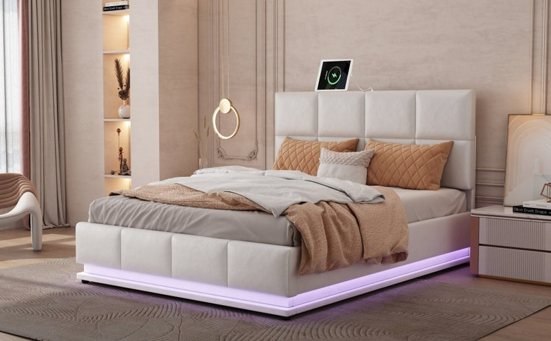 Tufted Upholstered Platform Bed with Hydraulic Storage System,Queen Size PU Storage Bed with LED Lights and USB charger, White