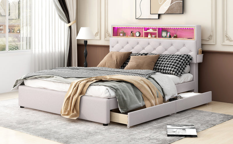 Queen Size Upholstered Platform Bed with Storage Headboard, LED, USB Charging and 2 Drawers, Beige