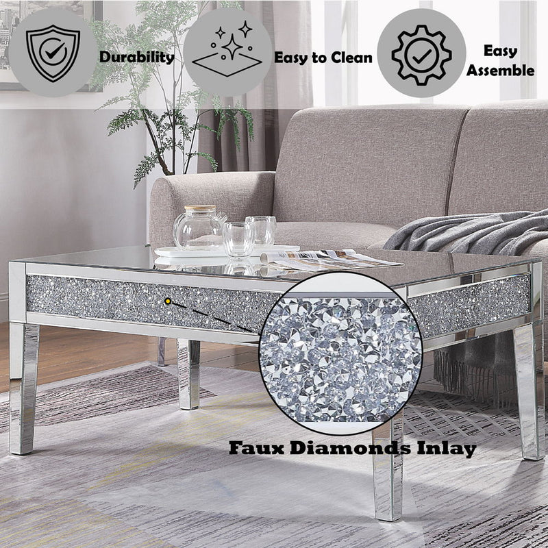 Noralie - Coffee Table - Mirrored & Faux Diamonds - Glass