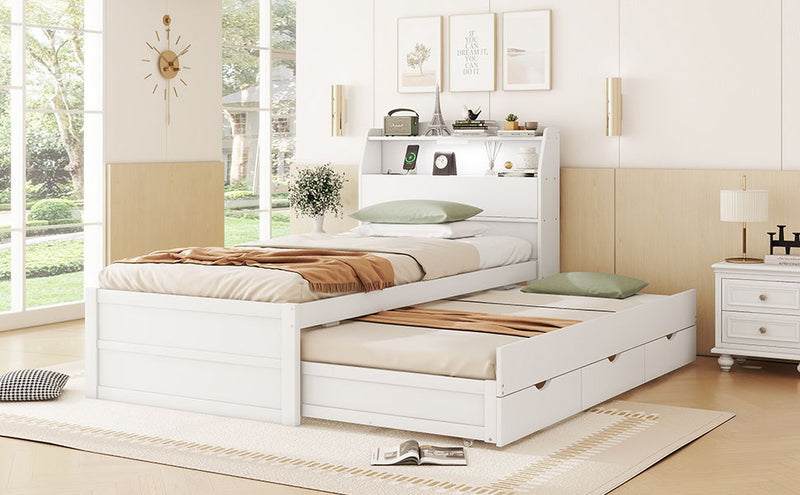 Wooden LED Platform Bed With Trundle, With Storage Headboard, With Drawers