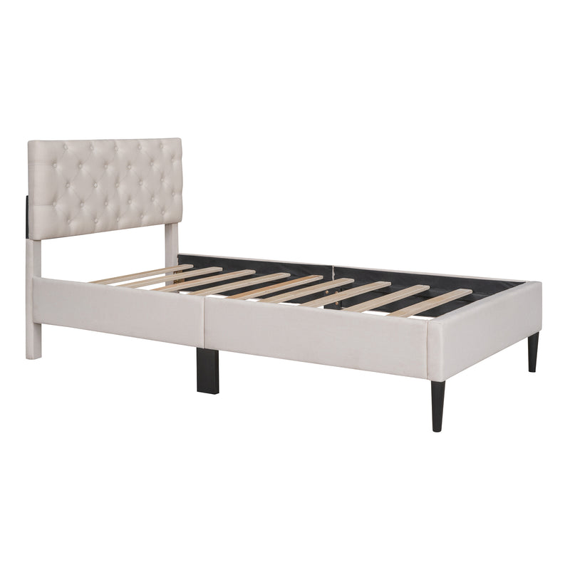 Upholstered Linen Platform Bed, Twin Size, Beige