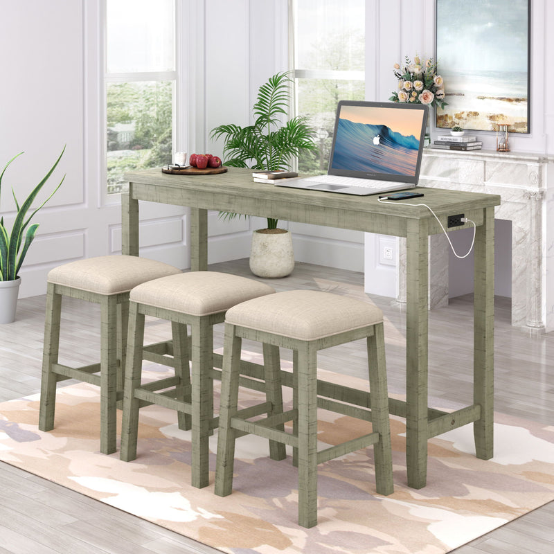 Topmax - 4 Pieces Counter Height Table With Fabric Padded Stools, Rustic Bar Dining Set With Socket