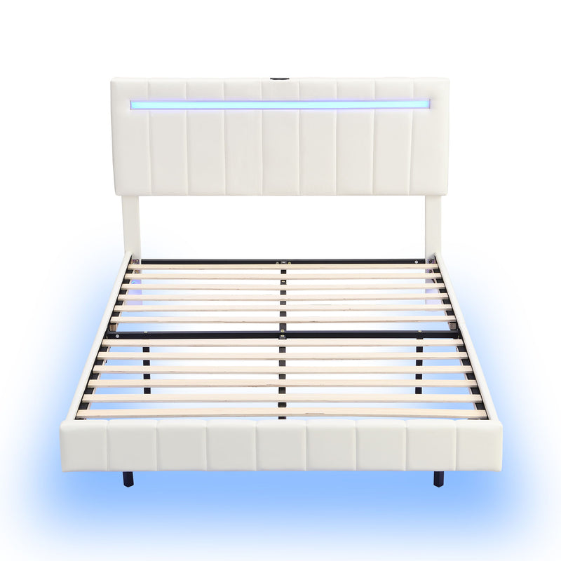 Queen Size Floating Bed Frame With LED Lights And USB Charging, Modern Upholstered Platform LED Bed Frame - White