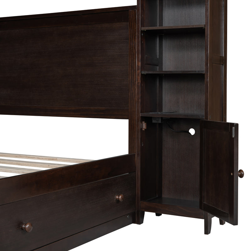 Queen Size Wooden Bed With All-in-One Cabinet, Shelf and Sockets, Espresso