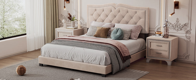 Queen Size Upholstered Bed Frame with Rivet Design, Modern Velvet Platform Bed with Tufted Headboard,Beige