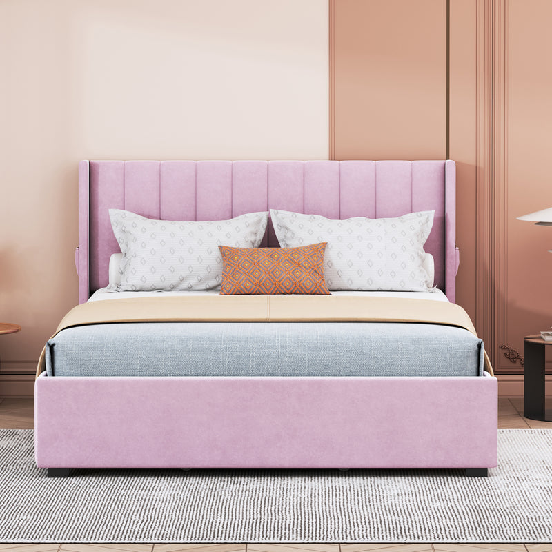 Queen Size Upholstered Bed with 4 Drawers, Pink