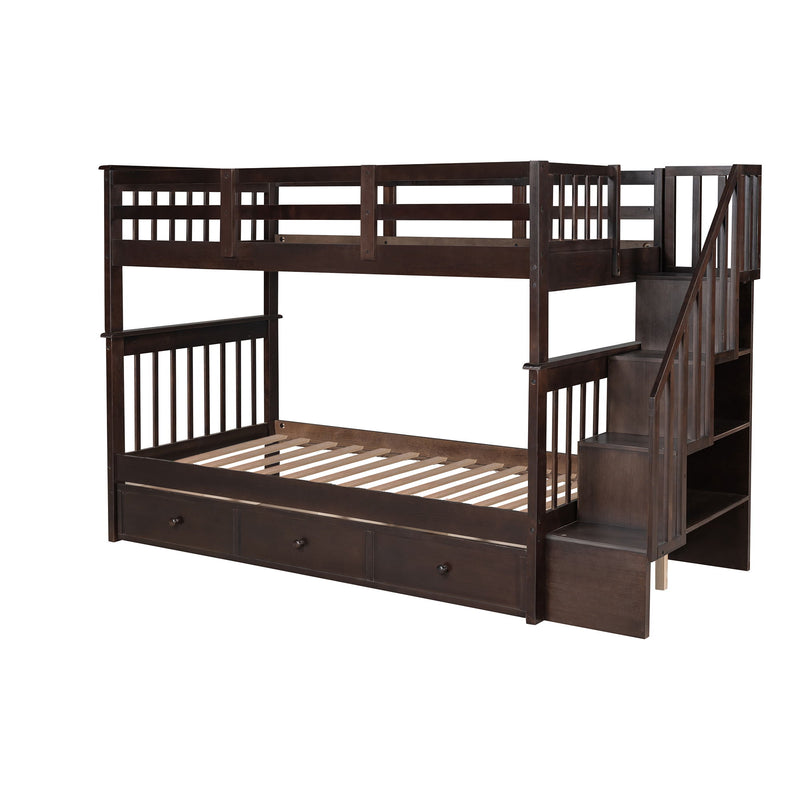 Stairway Twin Over Twin Bunk Bed With Three Drawers For Bedroom, Dorm