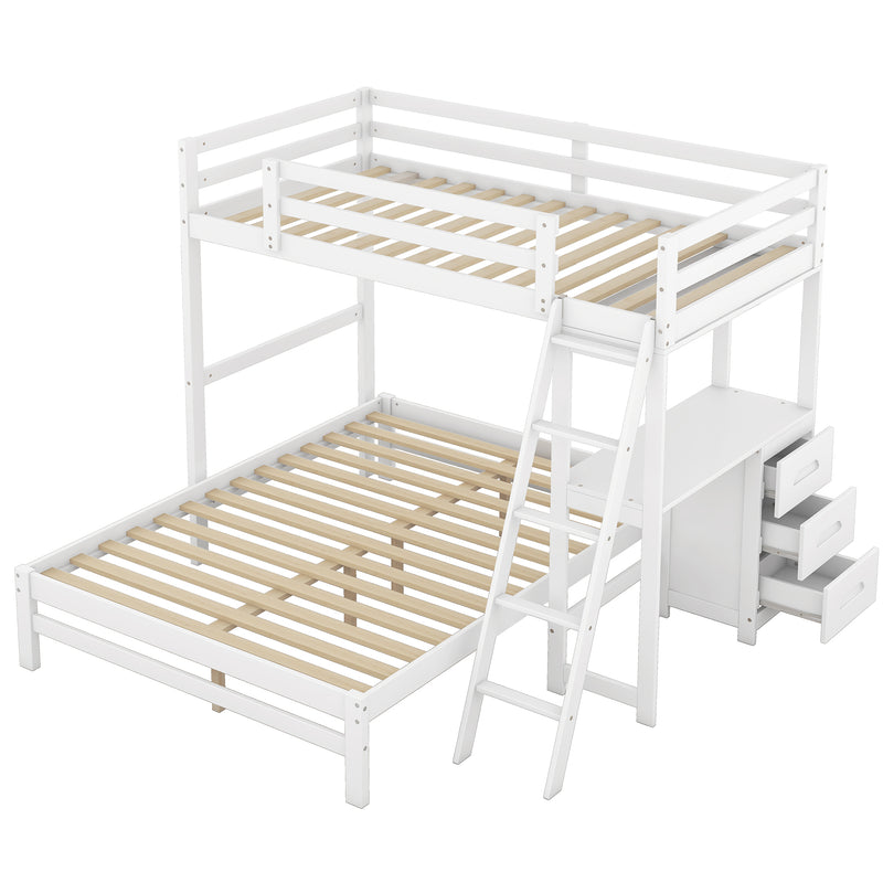 Twin over Full Bunk Bed with Built-in Desk and Three Drawers,White