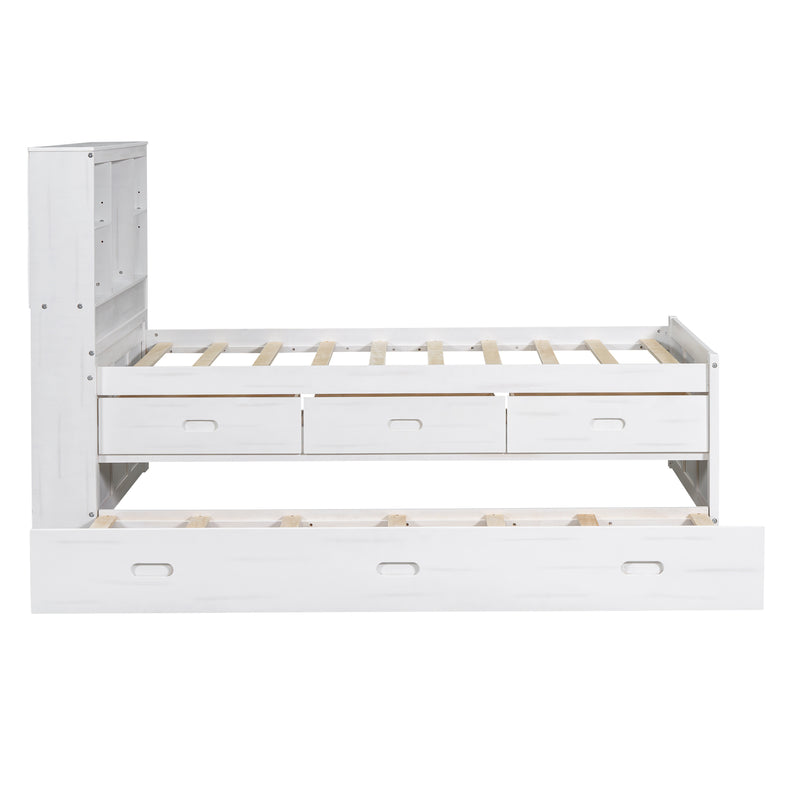 Twin Size Platform Bed with Storage Headboard, Charging Station, Twin Size Trundle and 3 Drawers, Antique White