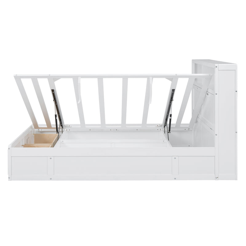 Wood Queen Size Hydraulic Platform Bed with Storage LED Headboard, Charging Station and 2 Drawers, White