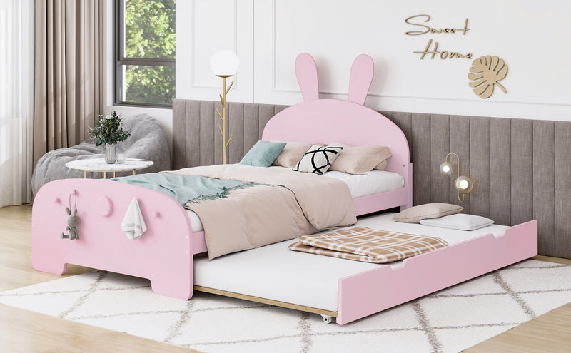 Wood Twin Size Platform Bed with Cartoon Ears Shaped Headboard and Trundle, Pink