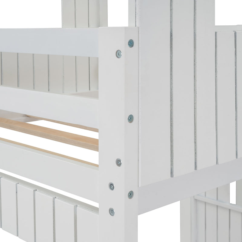 Wooden Twin Over Full Bunk Bed, Loft Bed With Playhouse, Farmhouse, Ladder And Guardrails - White