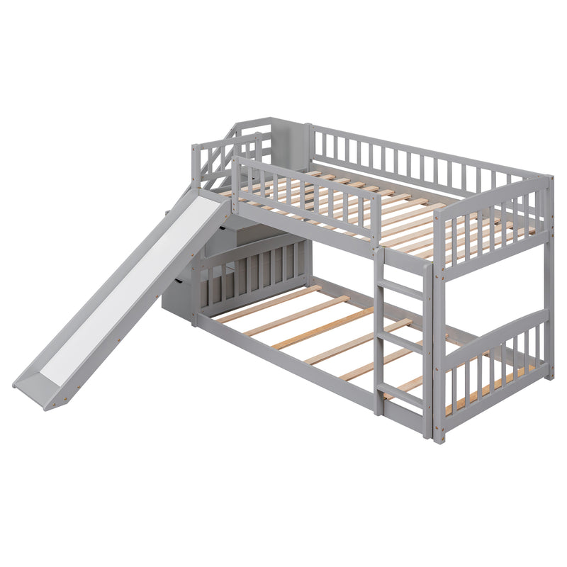 Stairway Twin over Twin Bunk Bed with Two Drawers and Slide, Gray(OLD SKU :LT000155AAE)