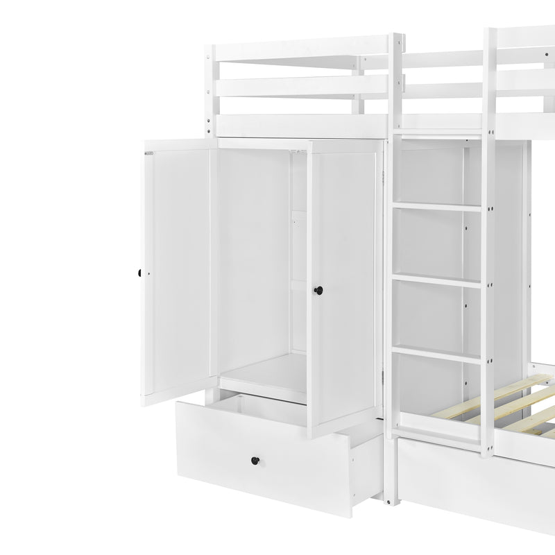 Twin-over-twin Bunk Bed with Wardrobe, Drawers and Shelves, White