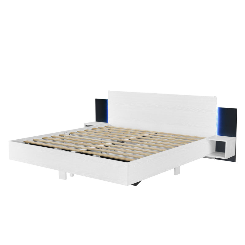 Floating Platform Bed, With LED Lights, Bedside Nightstand