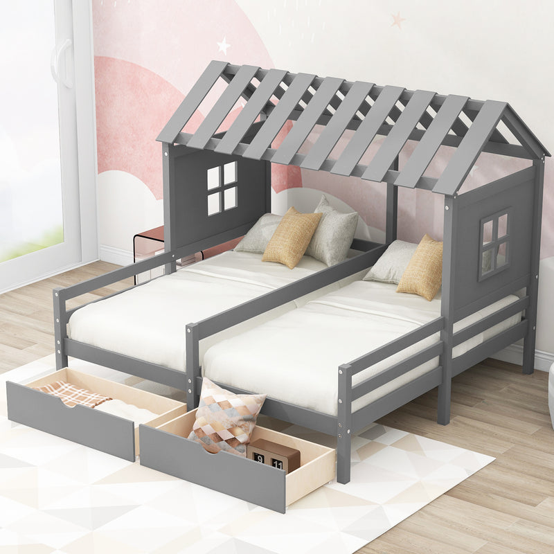 Twin Size House Platform Beds with Two Drawers for Boy and Girl Shared Beds, Combination of 2 Side by Side Twin Size Beds, Gray(old sku: GX000927AAE)