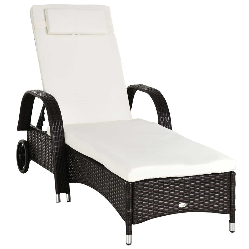 Outsunny - Wicker Outdoor Chaise Lounge, 5-Level Adjustable Backrest Pe Rattan Pool Lounge Chair With Wheels, Cushion & Headrest - Brown / Cream White