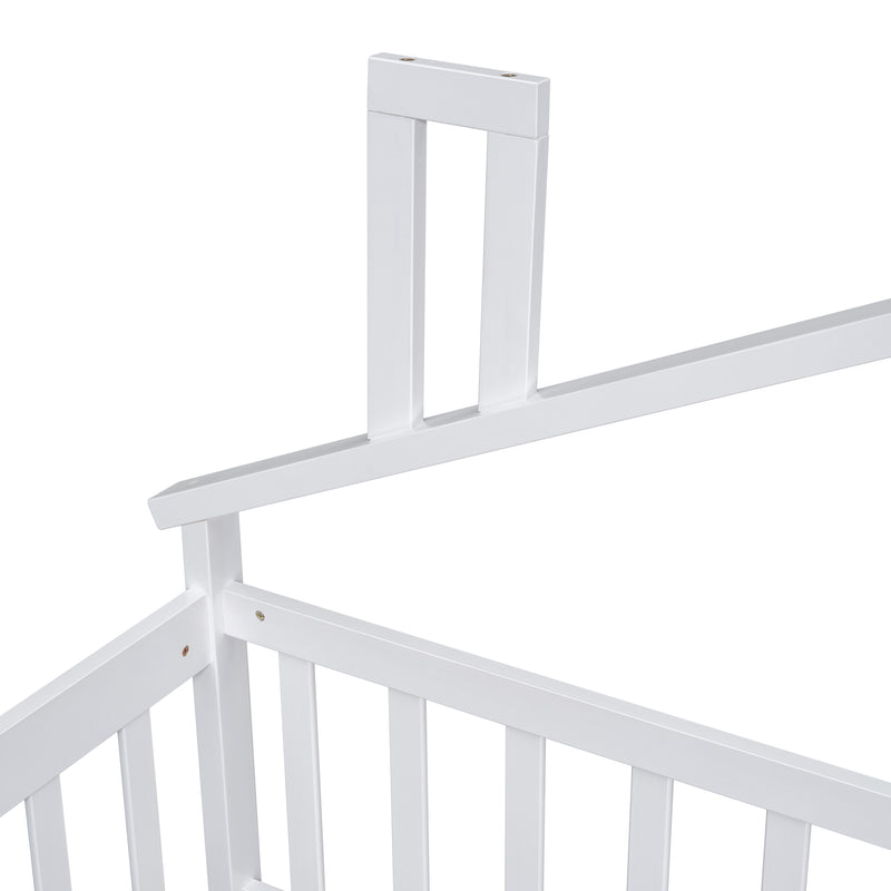 Twin House-Shaped Bedside Floor Bed with Guardrails, Slats, with Door,White