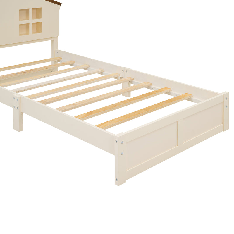 Twin Size Wood Platform Bed with House-shaped Headboard and Built-in LED, Walnut+Milk White