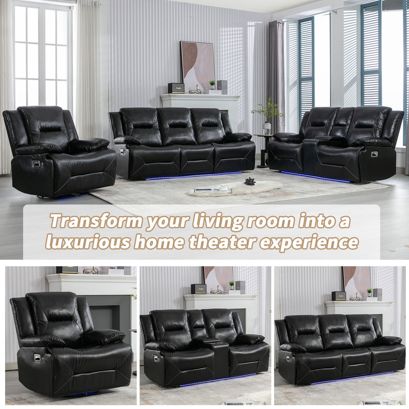 3 Seater Home Theater Recliner Manual Recliner Chair With A Led Light Strip Two Built-In Cup Holders For Living Room