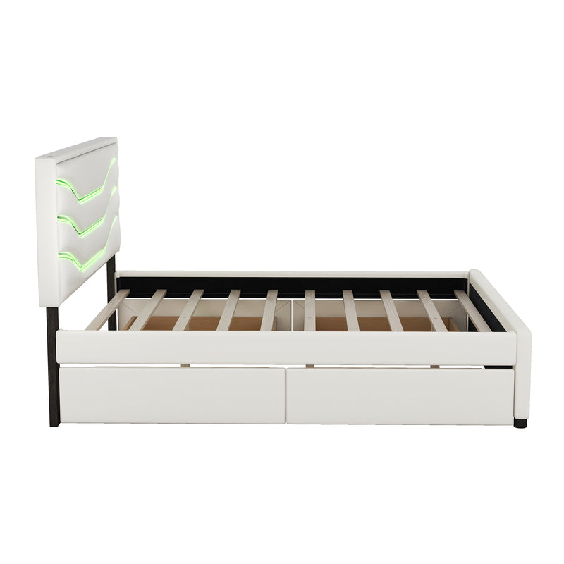 Queen Size Upholstered Storage Platform Bed with LED, 4 Drawers and USB Charging, White