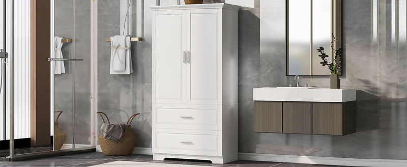 Tall Bathroom Storage Cabinet, With Two Doors And Drawers, Adjustable Shelf, MDF Board - White