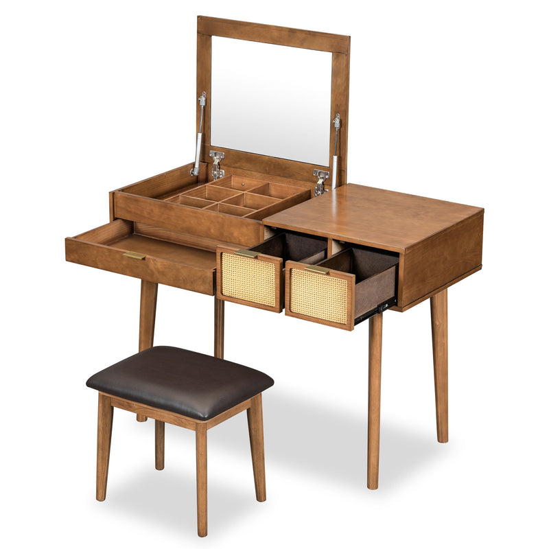 Classic Wood Makeup Vanity Set With Flip-Top Mirror And Stool, Dressing Table With Three Drawers And Storage Space