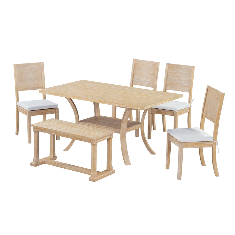 Topmax - 6 Piece Wood Dining Table Set With Storage Shelf And Curved Legs, Kitchen Table Set With Bench And 4 Removable Cushions Dining Chairs, Modern Style