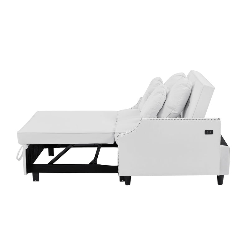 Multiple Adjustable Positions Sofa Bed Stylish Sofa Bed With A Button Tufted Backrest, Two USB Ports And Four Floral Lumbar Pillows For Living Room, Bedroom, Or Small Space