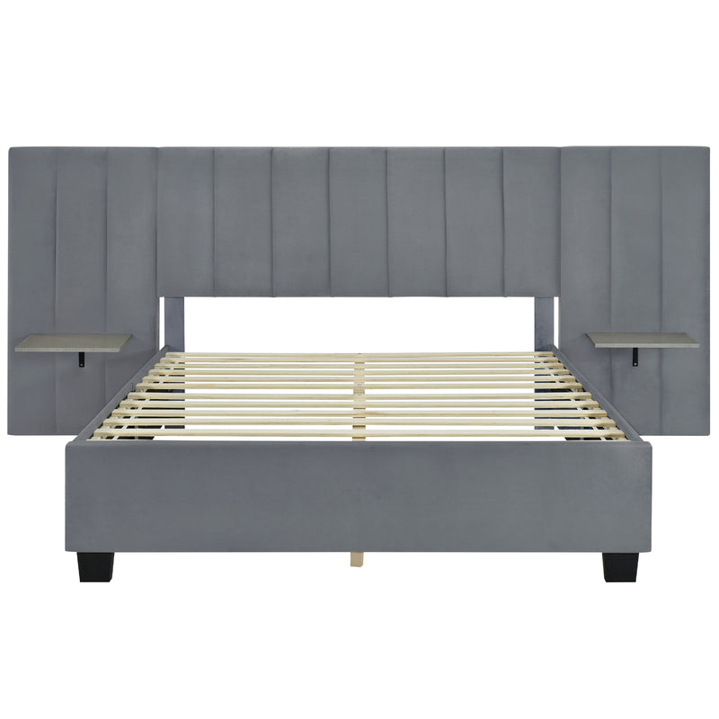 Queen Size Upholstered Platform Bed with Big Headboard, Bedroom Furniture, Velvet, Gray