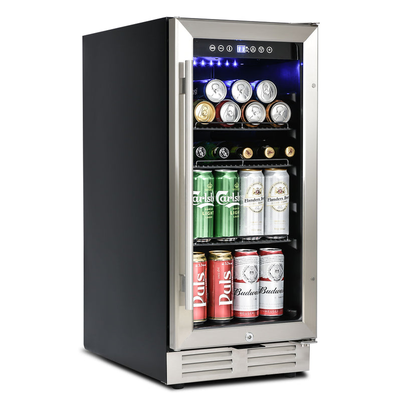 Built-In And Freestanding Mini Beverage Refrigerator / Wine Cabinet, 120 Cans, 37-65°F, Quiet, Adjustable Shelves, LED Lighting, Etl, Touch Controls, Defrost, Double Glass Door - Black / Silver