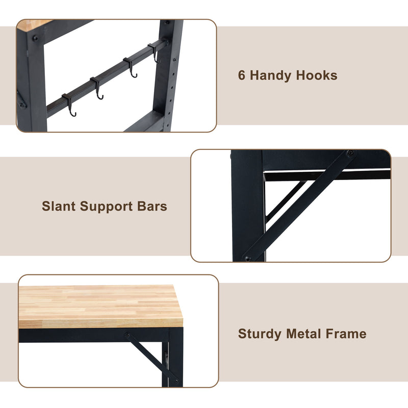 Adjustable Workbench For Garage, Rubber Wood Heavy Duty Workstation With Power Outlets & Wheels, 2000 Lbs Load Capacity Hardwood Worktable For Workshop - Black