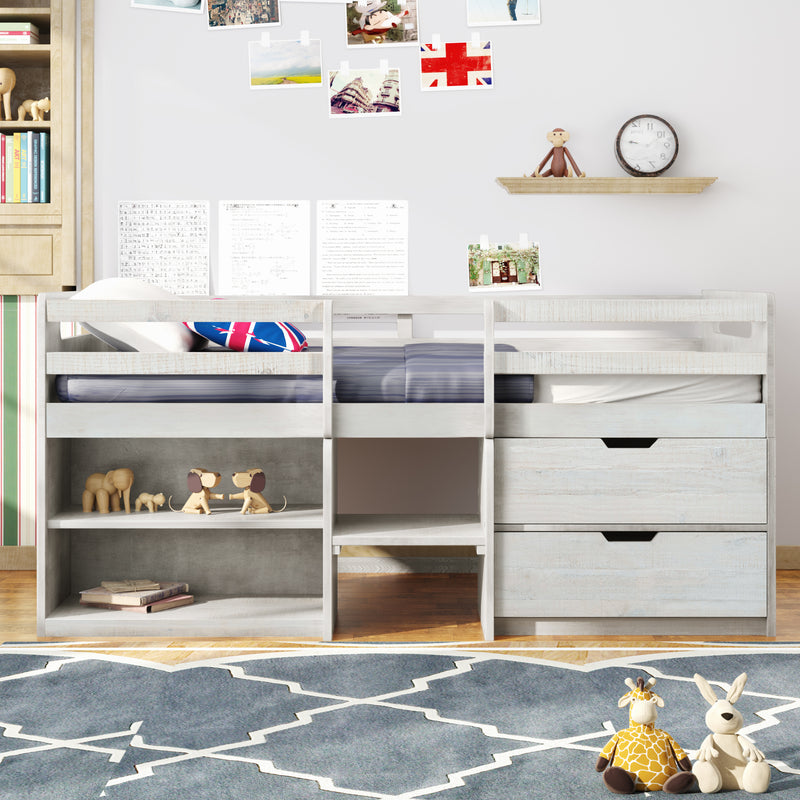 Twin size Loft Bed with Two Shelves and Two drawers (Antique White)