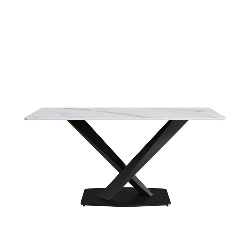 63" Modern Artificial Stone Straight Edge Metal X-Leg Dining Table, 6 People - White / Black