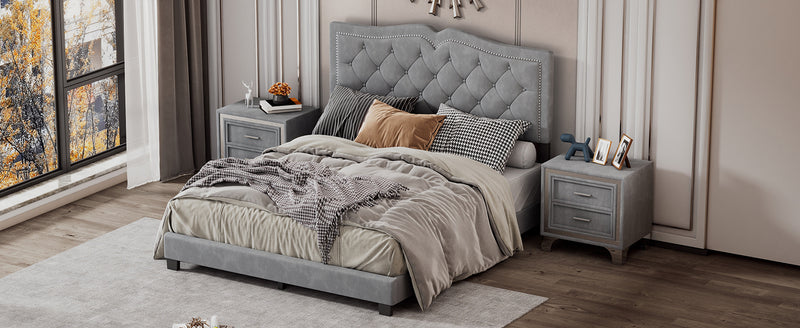 Queen Size Upholstered Bed Frame with Rivet Design, Modern Velvet Platform Bed with Tufted Headboard,Gray