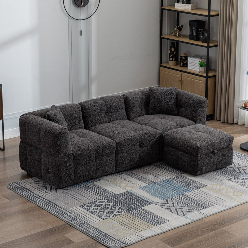 Sectional Sofa Cozy Teddy Fleece Sectional Sofa Couch With Two USB Ports A Movable Storage Ottoman And Two Lumbar Pillows For Living Room