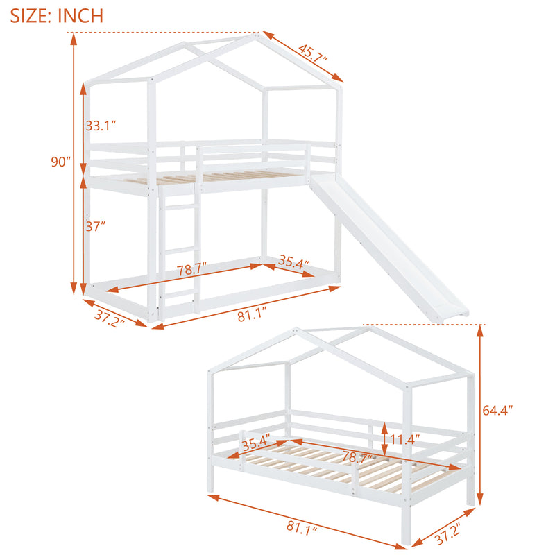 Twin Over Twin Bunk Bed with Roof, Slide and Ladder, White