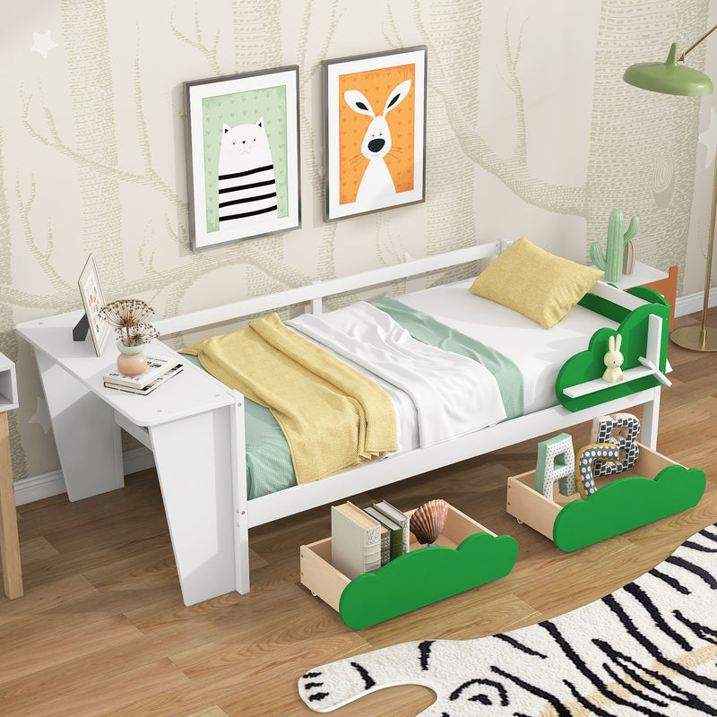 Twin Size Daybed with Desk, Green Leaf Shape Drawers and Shelves, White