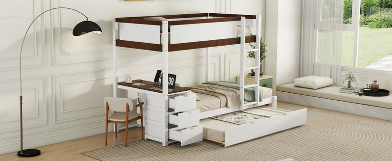 Twin-Over-Twin Bunk Bed with Twin size Trundle, Storage and Desk, White+Walnut