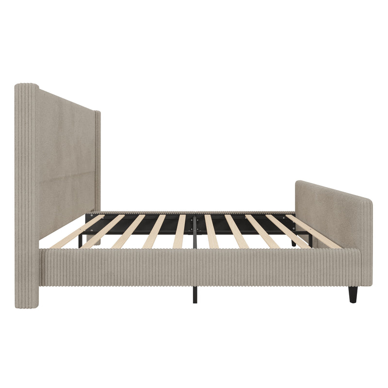 Corduroy Upholstered Bed Frame With Vertical Stripe Wingback And High Footboard No Box Spring Needed