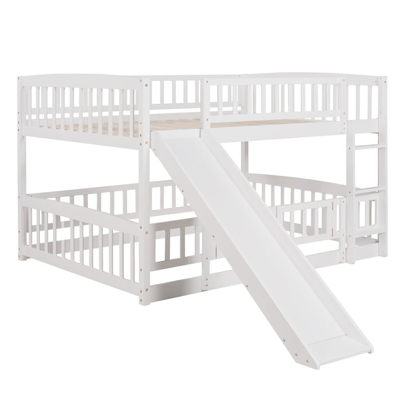 Bunk Bed with Slide,Full Over Full Low Bunk Bed with Fence and Ladder for Toddler Kids Teens White